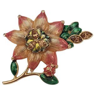 Monet Pink Green Enamel Rhinestone Stemmed Flower Brooch Pin, Signed K696